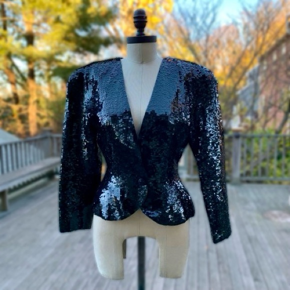 Vintage 80s Black Sequined Silk Peplum Blazer Formal Holiday Jacket Oleg Cassini - Picture 9 of 14